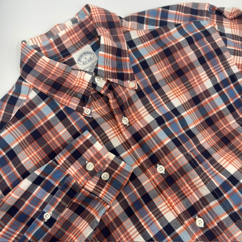 Brooks Brothers Men's‎ Large Orange and Blue Plaid Slim Fit Button Down Shirt